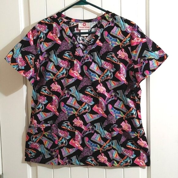 White Cross pediatric nurse scrubs top uniform shirt sleeve Medium sneak… - Picture 1 of 7